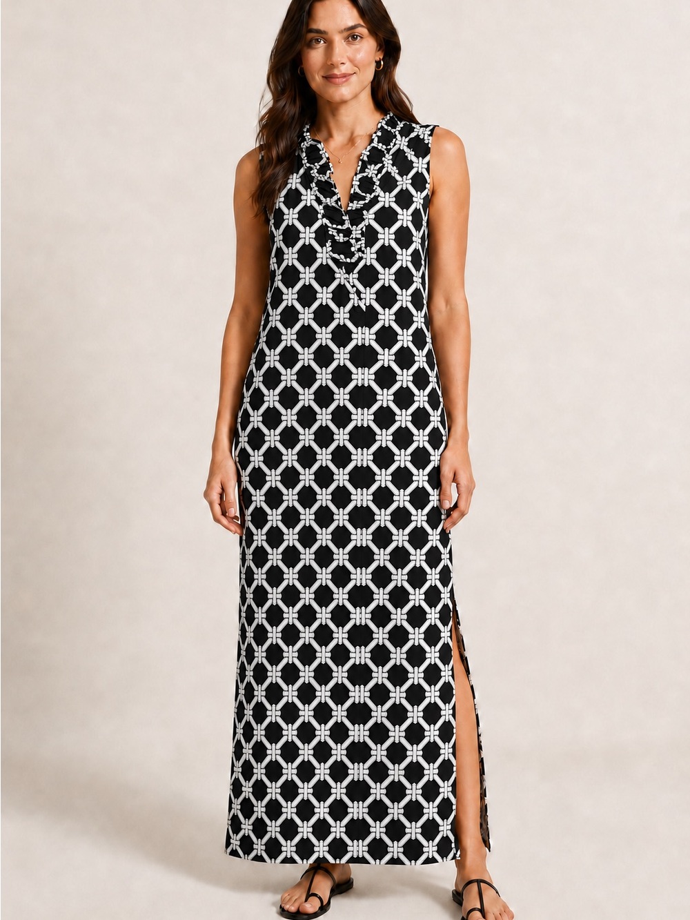 Lulu B Black White Nautical Rope Print V Ruffle Neck Maxi Dress XS